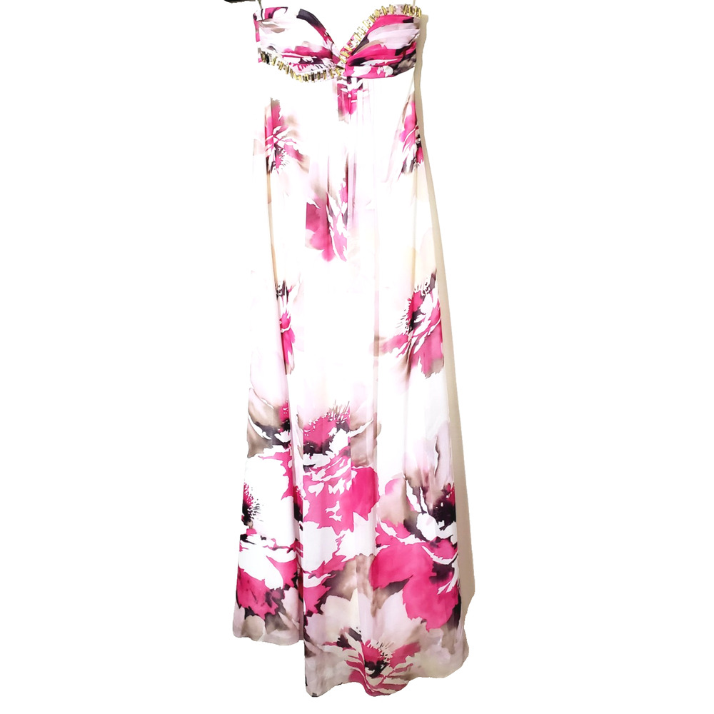 VTG Cache Dress Womens‎ 0 Floral Print Evening Gown Prom Formal Strapless White